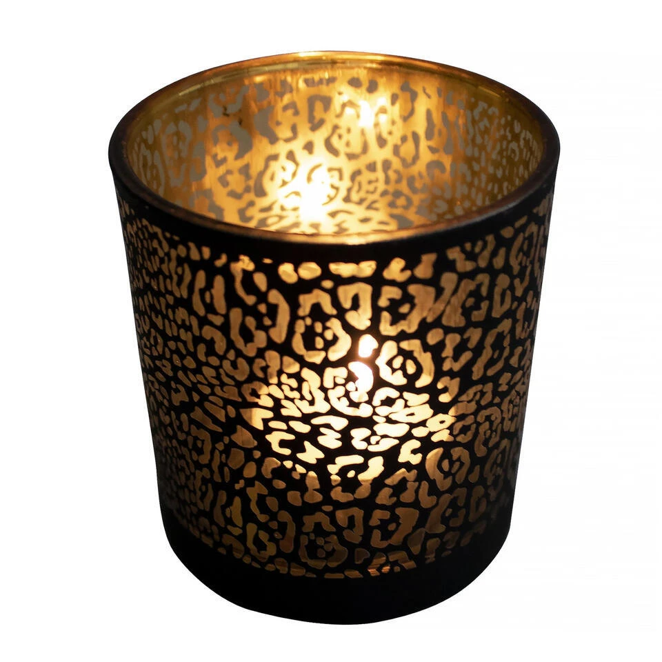 Mars & More Waxinelichthouder - Zwart - Glas - Jaguar Print - 18vcm 1 Mars & More Waxinelichthouder - Zwart - Glas - Jaguar Print - 18vcm