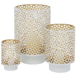 Deco By Boltze Windlichten - 3 Stuks - Metaal - Wit Met Goudkleurig