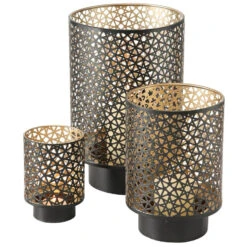 Deco By Boltze Windlichten - 3 Stuks - Goud En Zwart - Metaal