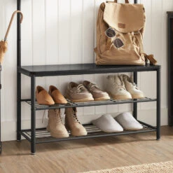 ACAZA XL Garderoberek Met Schoenenbank, Kapstok En Schoenenrek, 11 Haken, Zwart -Leenbakker Winkel 1000034356 0103