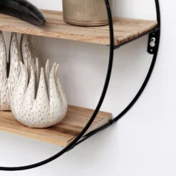 Zwart Metalen Wandrek Met 3 Houten Plankjes - Rond - 50x19 Cm -Leenbakker Winkel 1000038231 0102