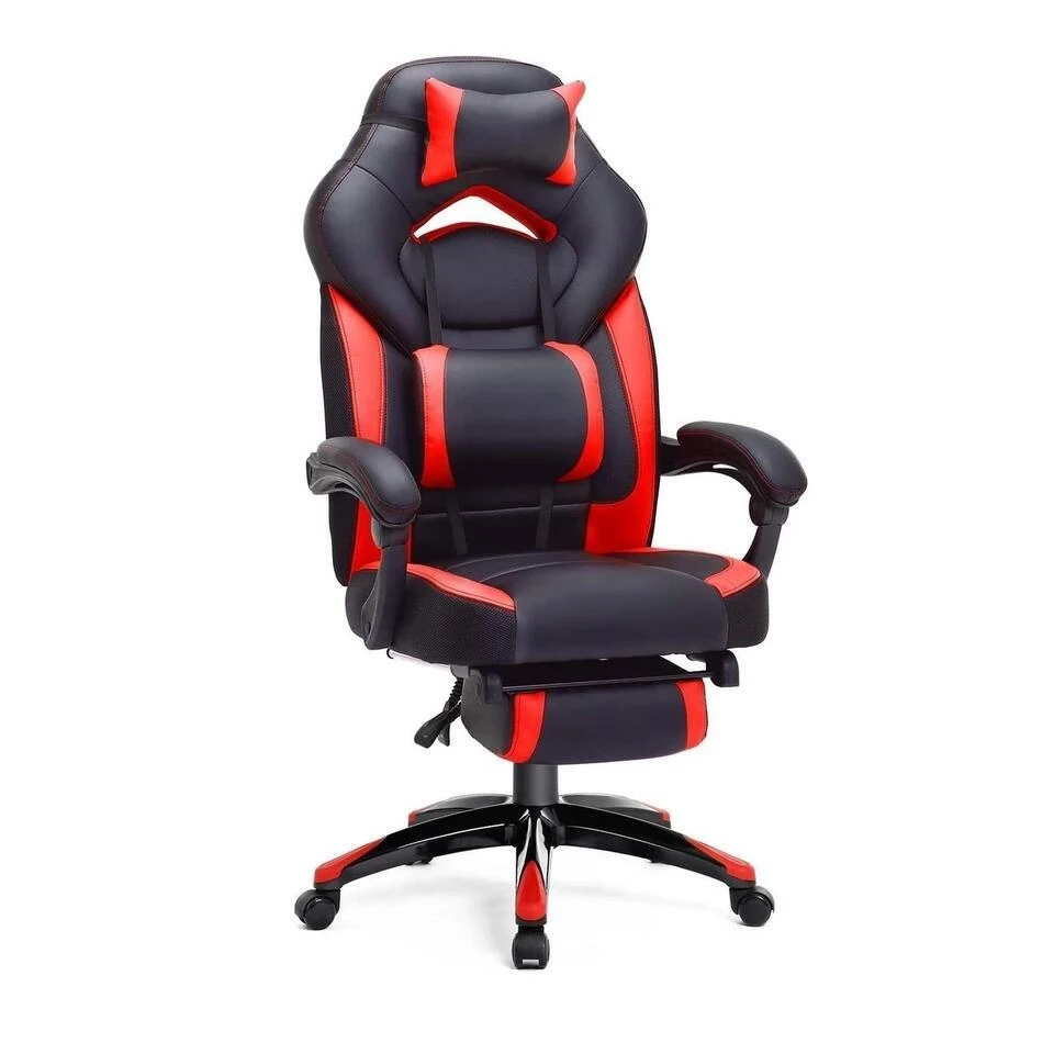 Luxe Gamestoel - Met Hoofdkussen - Kunstleer - Zwart & Rood 1 Luxe Gamestoel - Met Hoofdkussen - Kunstleer - Zwart & Rood