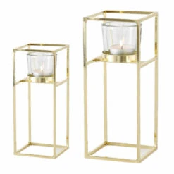 Merkloos Waxinelichthouders - 2 Stuks - Goudkleurig - Metaal - 15 En 23 Cm