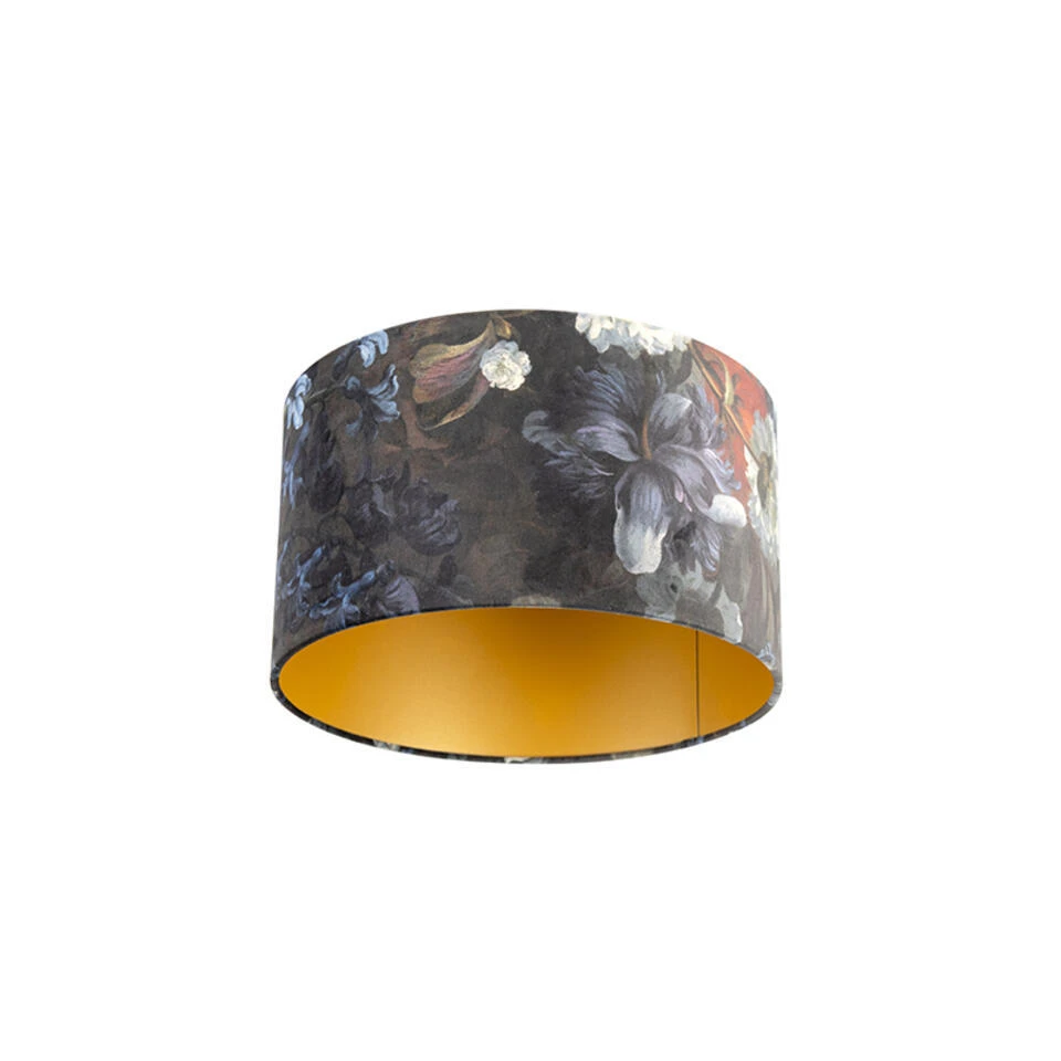 QAZQA Velours Lampenkap Bloemen Dessin 35/35/20 Gouden Binnenkant 1 QAZQA Velours Lampenkap Bloemen Dessin 35/35/20 Gouden Binnenkant