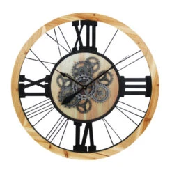 LW Collection Wandklok Radar Gio Bruin Zwart 80cm Bewegende Tandwielen