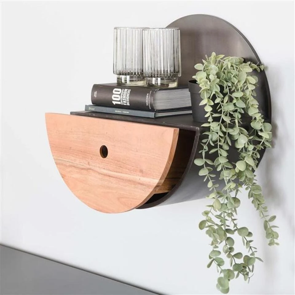 Industrieel Rond Wandrek Hout En Metaal Tim Ø 40 Cm - 25x40x40 Cm - Hout - Zwart 2 Industrieel Rond Wandrek Hout En Metaal Tim Ø 40 Cm - 25x40x40 Cm - Hout - Zwart - Afbeelding 2