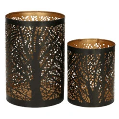 Merkloos Windlicht Set - 2x - Zwart/goud - 10/15 Cm - Waxinelichthouder