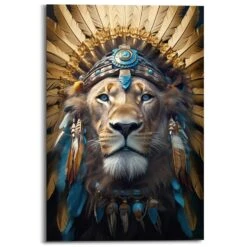 Schilderij Ornament Lion - 90x60cm - Blauw