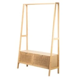 Massief Houten Kledingrek Met Rieten Zitting