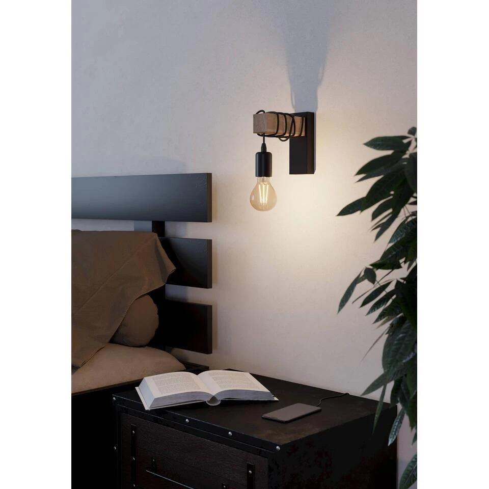 EGLO Townshend Wandlamp - E27 - 21,5 Cm - Zwart/Bruin 2 EGLO Townshend Wandlamp - E27 - 21,5 Cm - Zwart/Bruin - Afbeelding 2