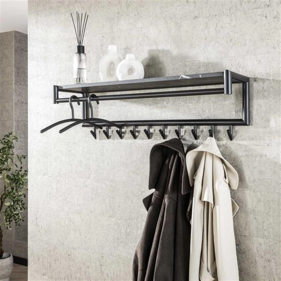 Hoyz Collection - Kapstok 10 Haaks Roede-hoedenplank - 3D Zwart Bruin 2 Hoyz Collection - Kapstok 10 Haaks Roede-hoedenplank - 3D Zwart Bruin - Afbeelding 2