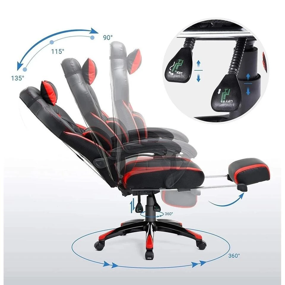 Luxe Gamestoel - Met Hoofdkussen - Kunstleer - Zwart & Rood 3 Luxe Gamestoel - Met Hoofdkussen - Kunstleer - Zwart & Rood - Afbeelding 3