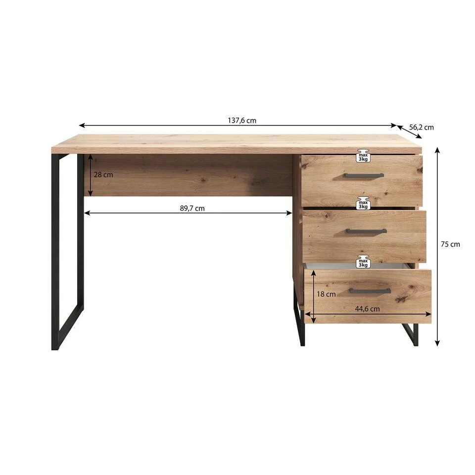 Meubella - Bureau Saturn - Eiken - Zwart - 138 Cm 7 Meubella - Bureau Saturn - Eiken - Zwart - 138 Cm - Afbeelding 7