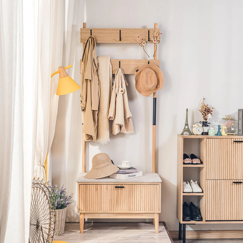 Massief Houten Entreekapstok Met Grijze Stof 4 Massief Houten Entreekapstok Met Grijze Stof - Afbeelding 4