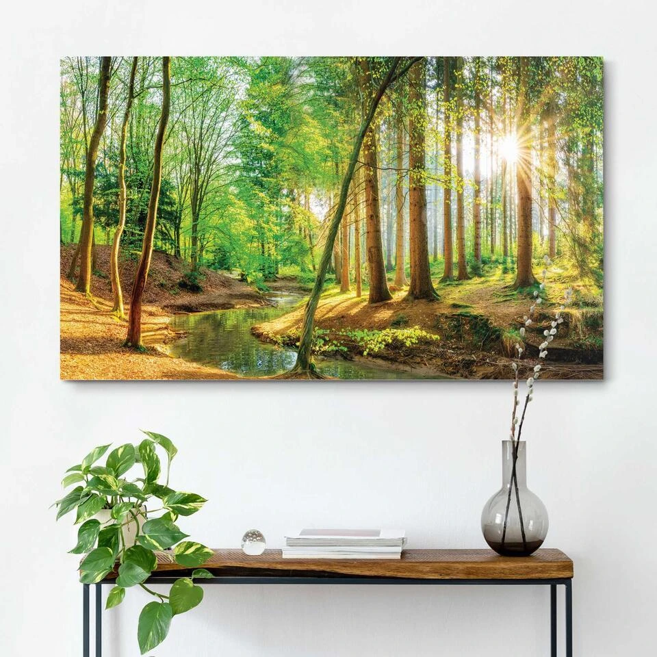Schilderij Zonnig Bos - 70x118cm - Groen 2 Schilderij Zonnig Bos - 70x118cm - Groen - Afbeelding 2