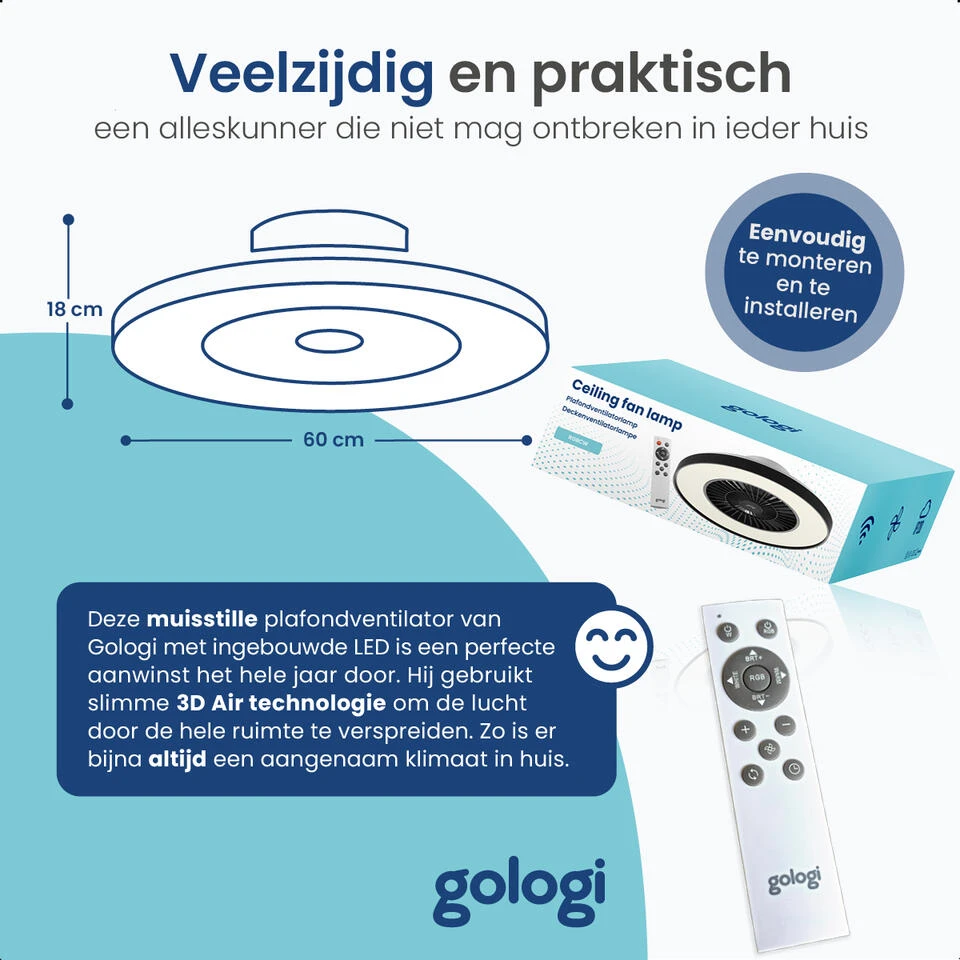 Gologi Plafondventilator Met Verlichting - Ø60 Cm - LED RGBW - 6 Standen 12 Gologi Plafondventilator Met Verlichting - Ø60 Cm - LED RGBW - 6 Standen - Afbeelding 12