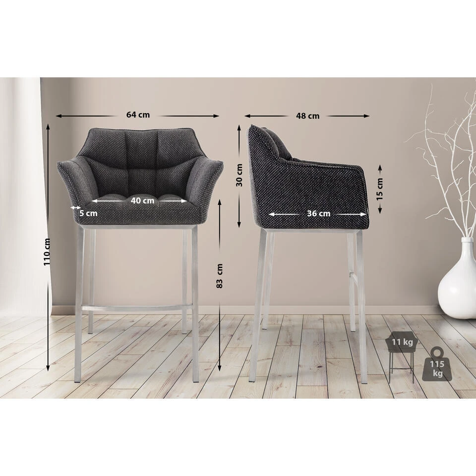 CLP Barkruk Damaso Roestvrij Staal Frame - Stof - Titanium Grijs 2 CLP Barkruk Damaso Roestvrij Staal Frame - Stof - Titanium Grijs - Afbeelding 2