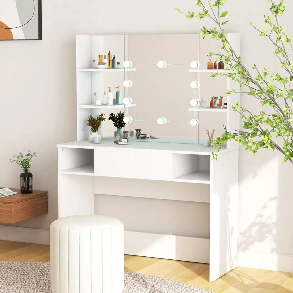 VidaXL Kaptafel Met LED-verlichting 100x40x135 Cm MDF Wit 2 VidaXL Kaptafel Met LED-verlichting 100x40x135 Cm MDF Wit - Afbeelding 2