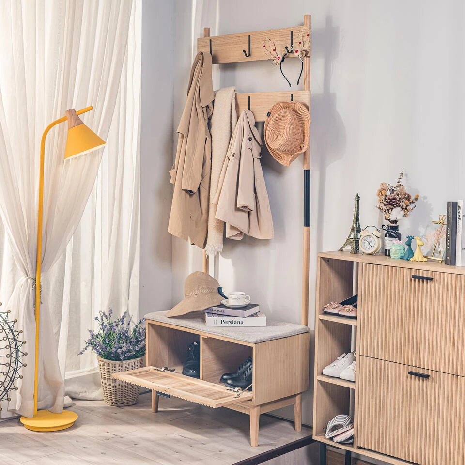 Massief Houten Entreekapstok Met Grijze Stof 3 Massief Houten Entreekapstok Met Grijze Stof - Afbeelding 3