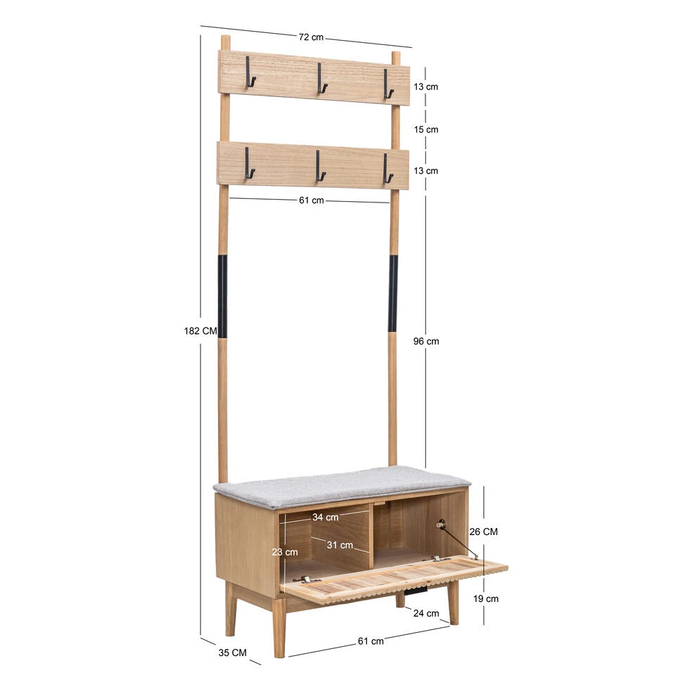 Massief Houten Entreekapstok Met Grijze Stof 5 Massief Houten Entreekapstok Met Grijze Stof - Afbeelding 5
