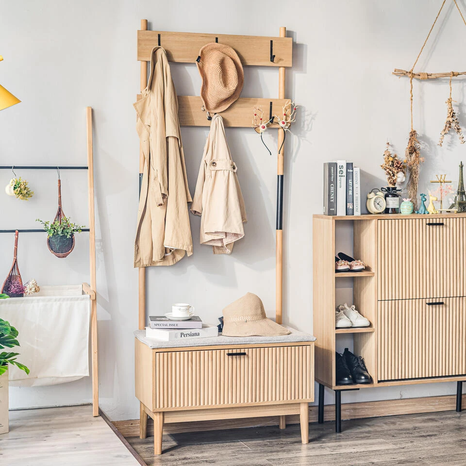 Massief Houten Entreekapstok Met Grijze Stof 2 Massief Houten Entreekapstok Met Grijze Stof - Afbeelding 2